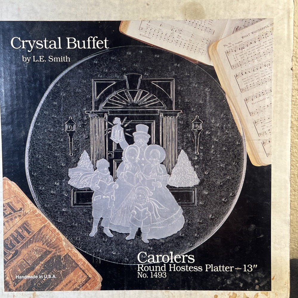 Vtg - Carolers Round Hostess Platter 13" Crystal Buffet L.E. Smith No. 1493 USA